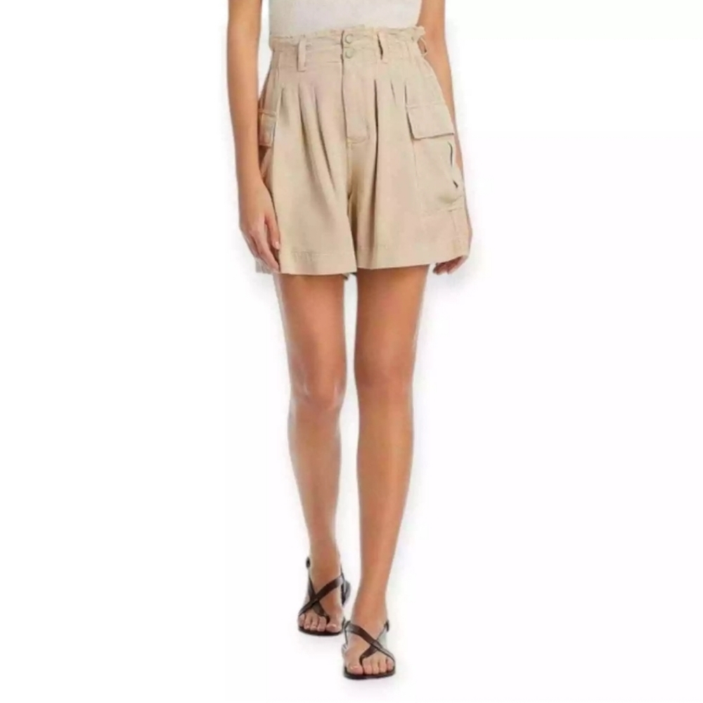 High Rise Paperbag Waist Cargo Shorts Pleated Khaki Lyocell Utility NWT M
